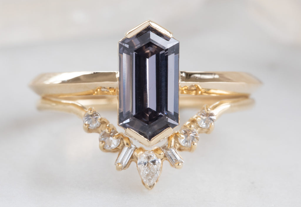 Hexagon Cut Violet Spinel Engagement Ring with Knife Edge Band
