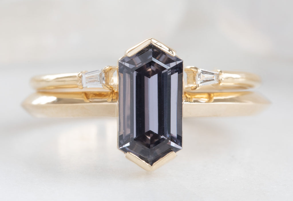Hexagon Cut Violet Spinel Engagement Ring with Knife Edge Band