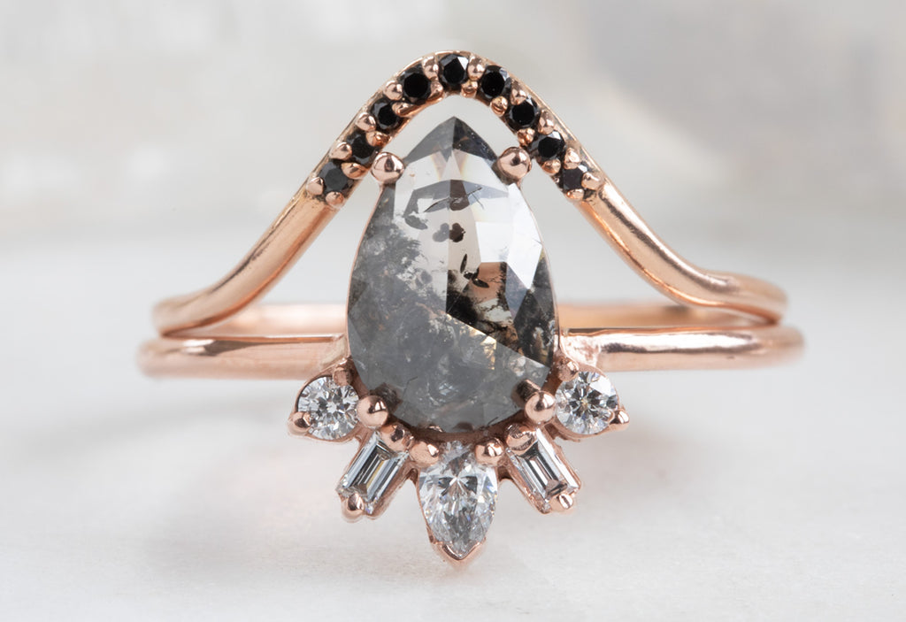 Rose Cut Black Diamond Engagement Ring with Attached Geometric Sunburst