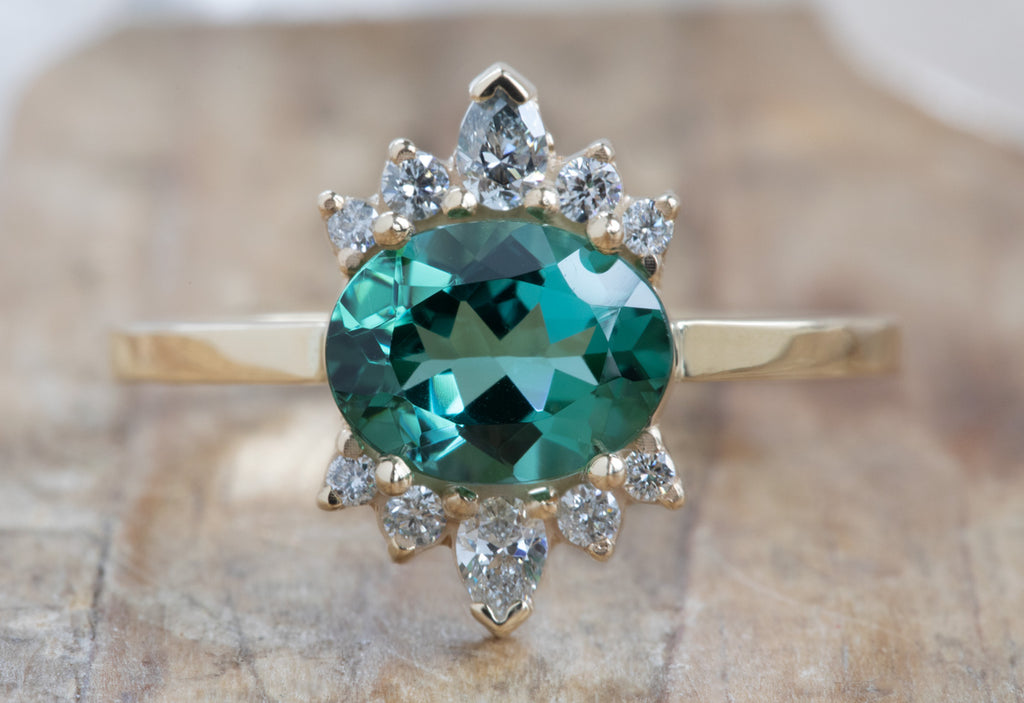 Oval Cut Teal Tourmaline Cluster Engagement Ring