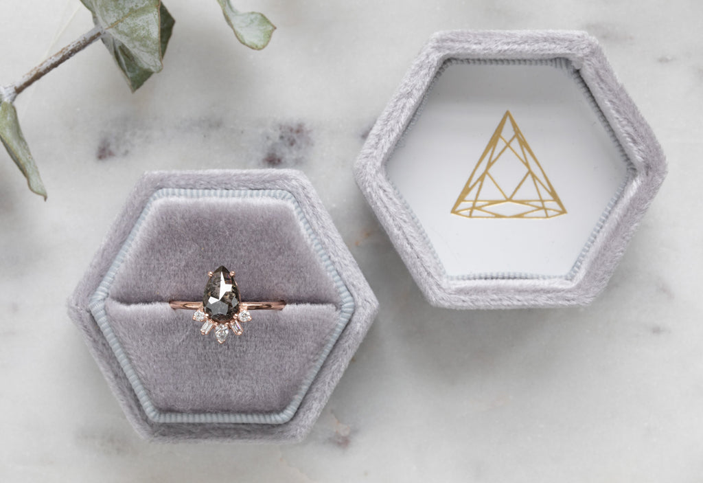 Rose Cut Black Diamond Engagement Ring with Attached Geometric Sunburst