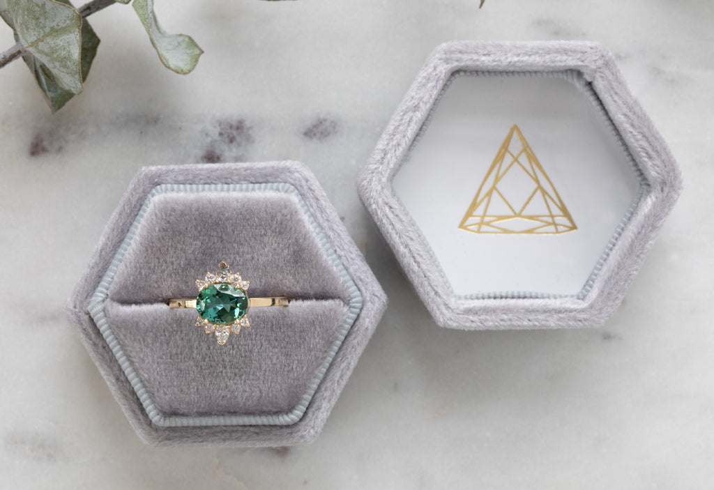 Oval Cut Teal Tourmaline Cluster Engagement Ring