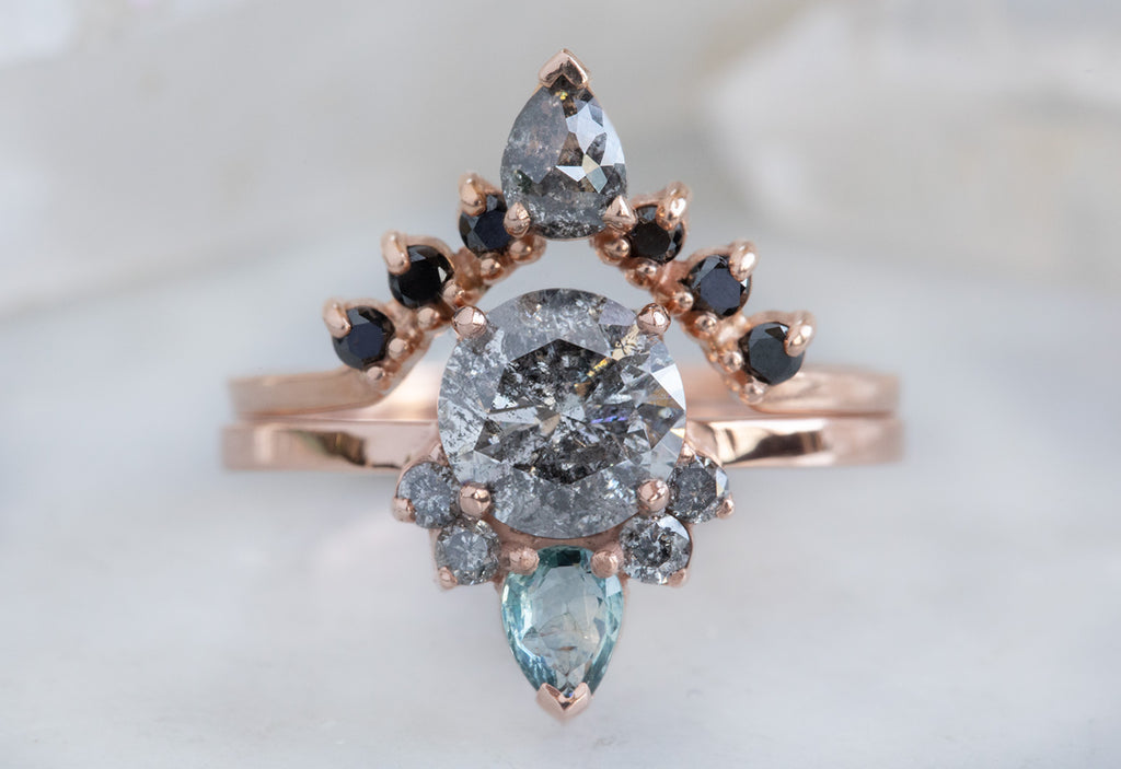 Round Cut Salt + Pepper Diamond Engagement Ring with Attached Sapphire + Diamond Sunburst