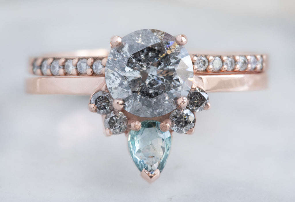 Round Cut Salt + Pepper Diamond Engagement Ring with Attached Sapphire + Diamond Sunburst