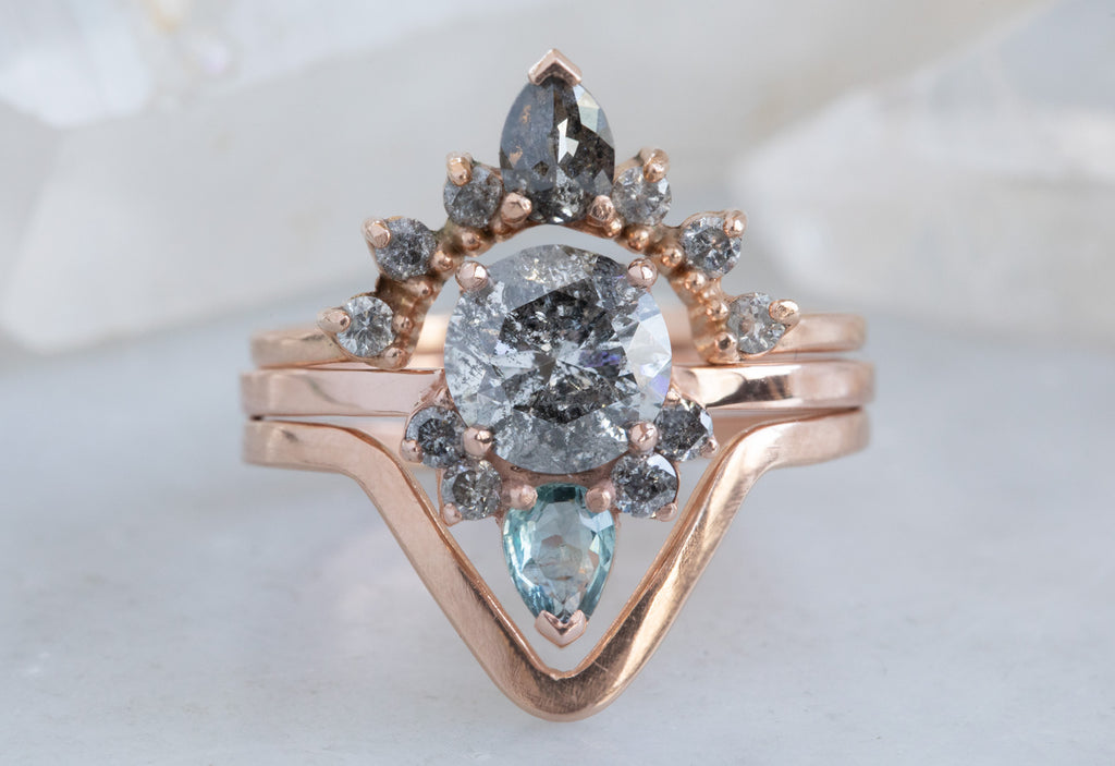 Round Cut Salt + Pepper Diamond Engagement Ring with Attached Sapphire + Diamond Sunburst