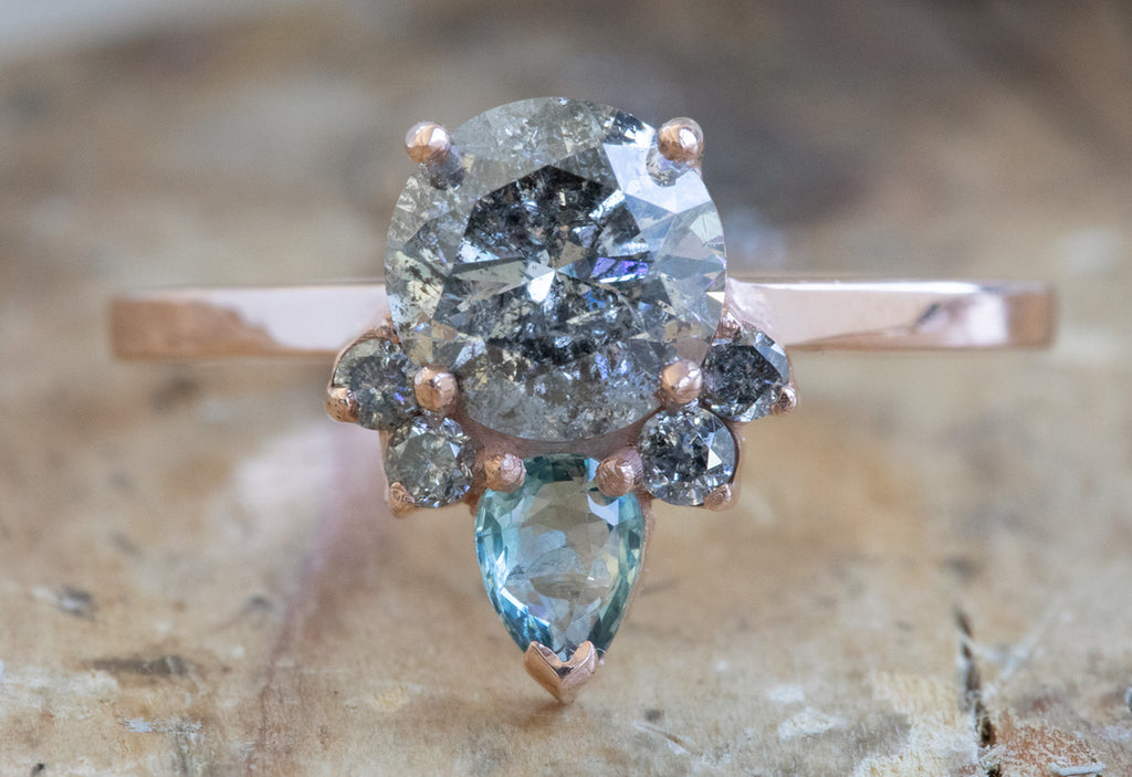 Round Cut Salt + Pepper Diamond Engagement Ring with Attached Sapphire + Diamond Sunburst