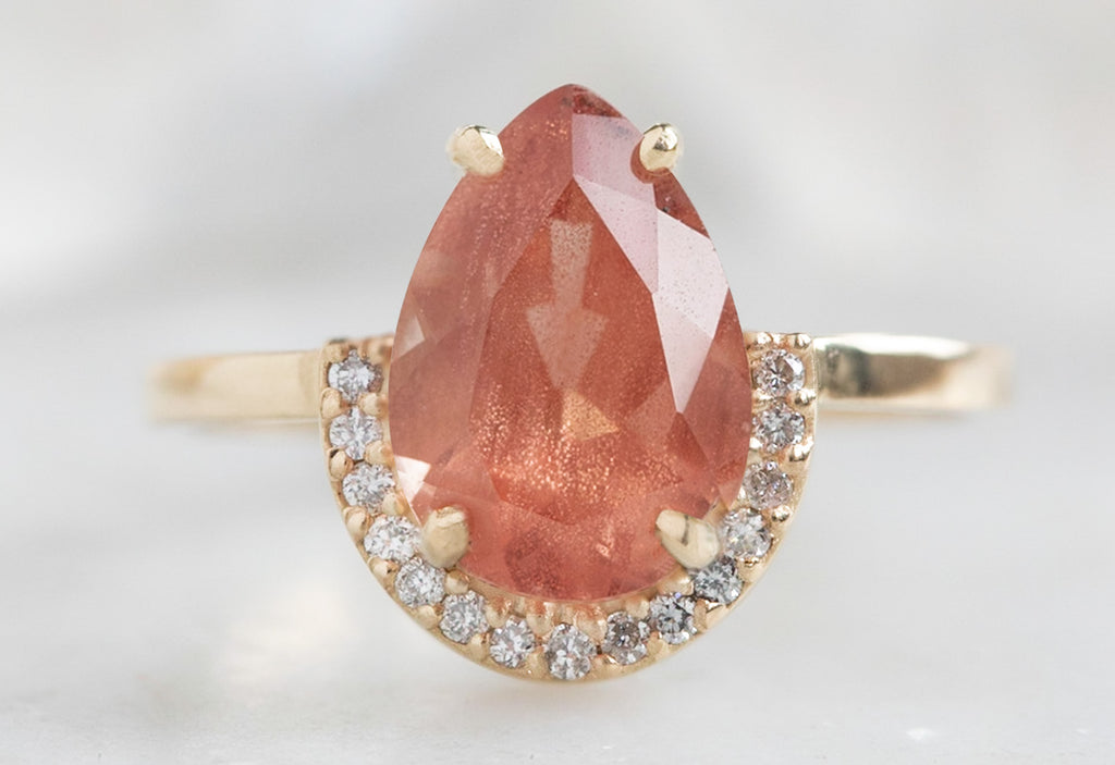 Pear Cut Sunstone Engagement Ring with Diamond Half Halo