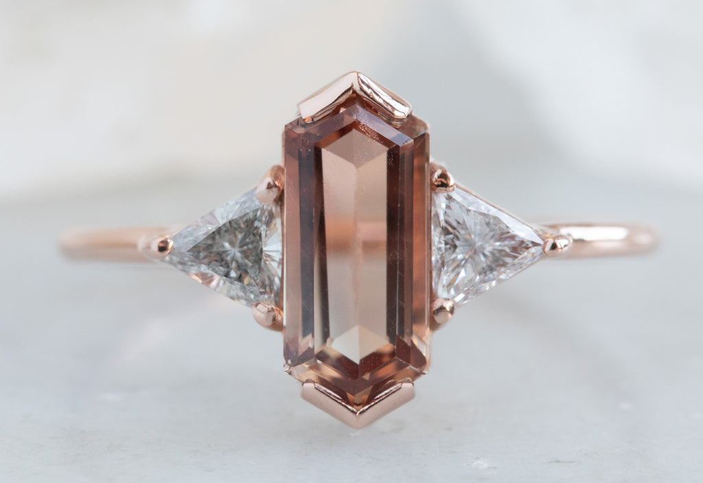 Three Stone Geometric Sunstone + Diamond Engagement Ring