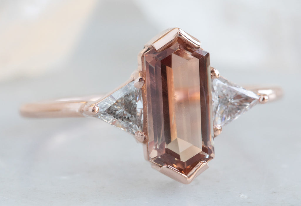 Three Stone Geometric Sunstone + Diamond Engagement Ring