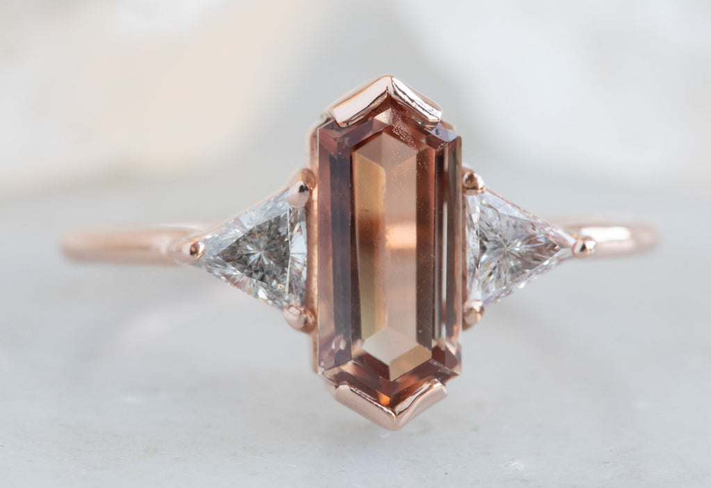 Three Stone Geometric Sunstone + Diamond Engagement Ring