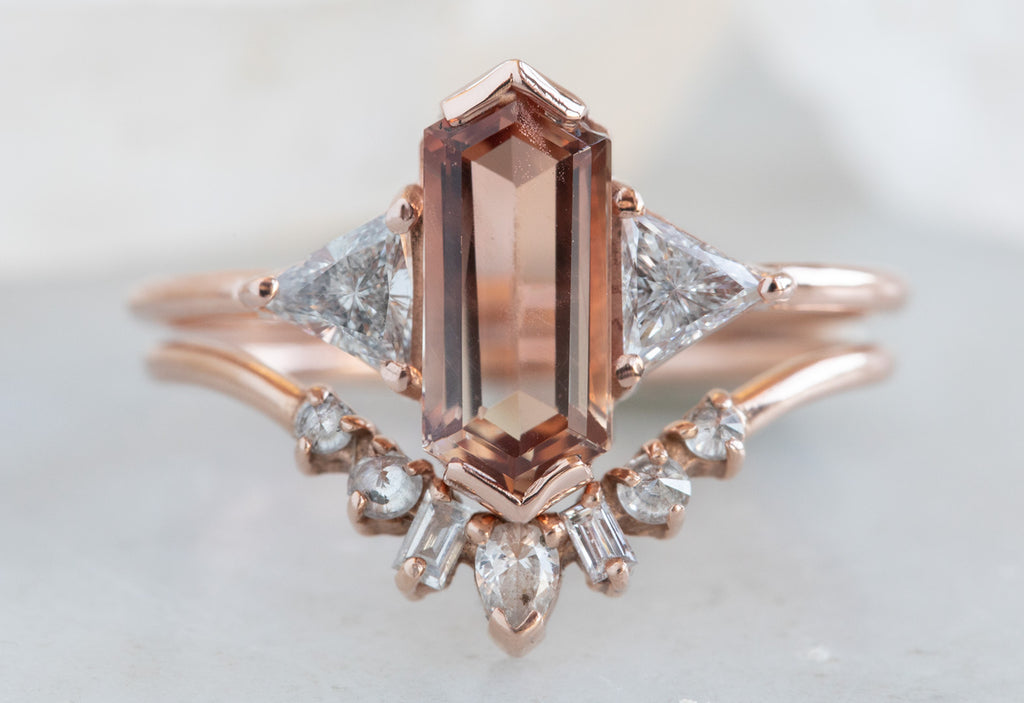 Three Stone Geometric Sunstone + Diamond Engagement Ring