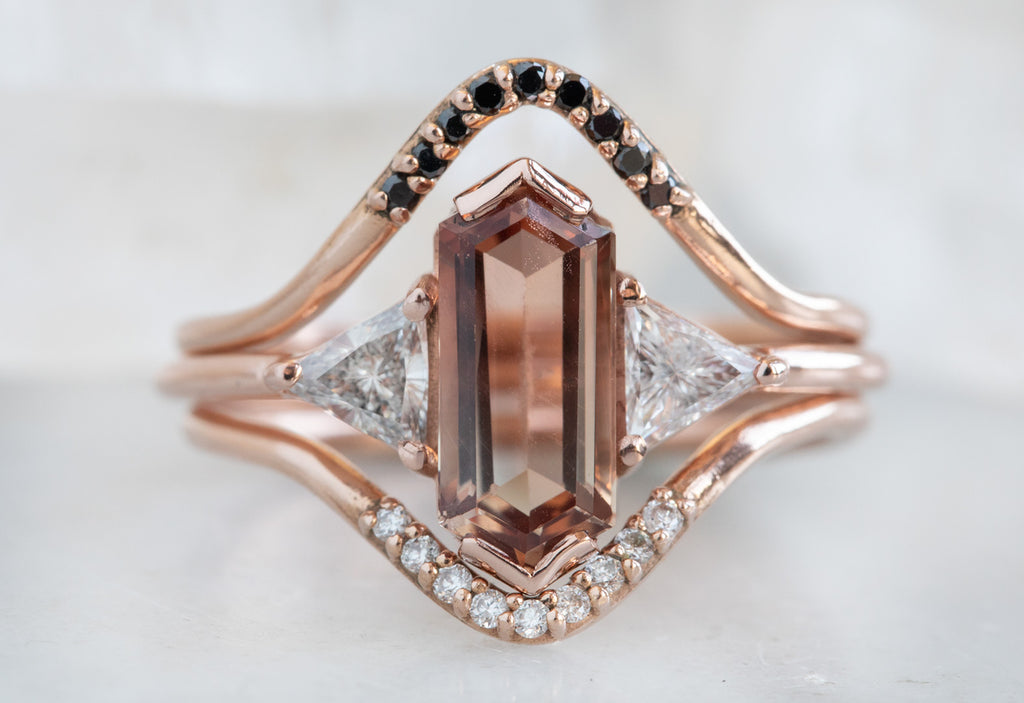 Three Stone Geometric Sunstone + Diamond Engagement Ring