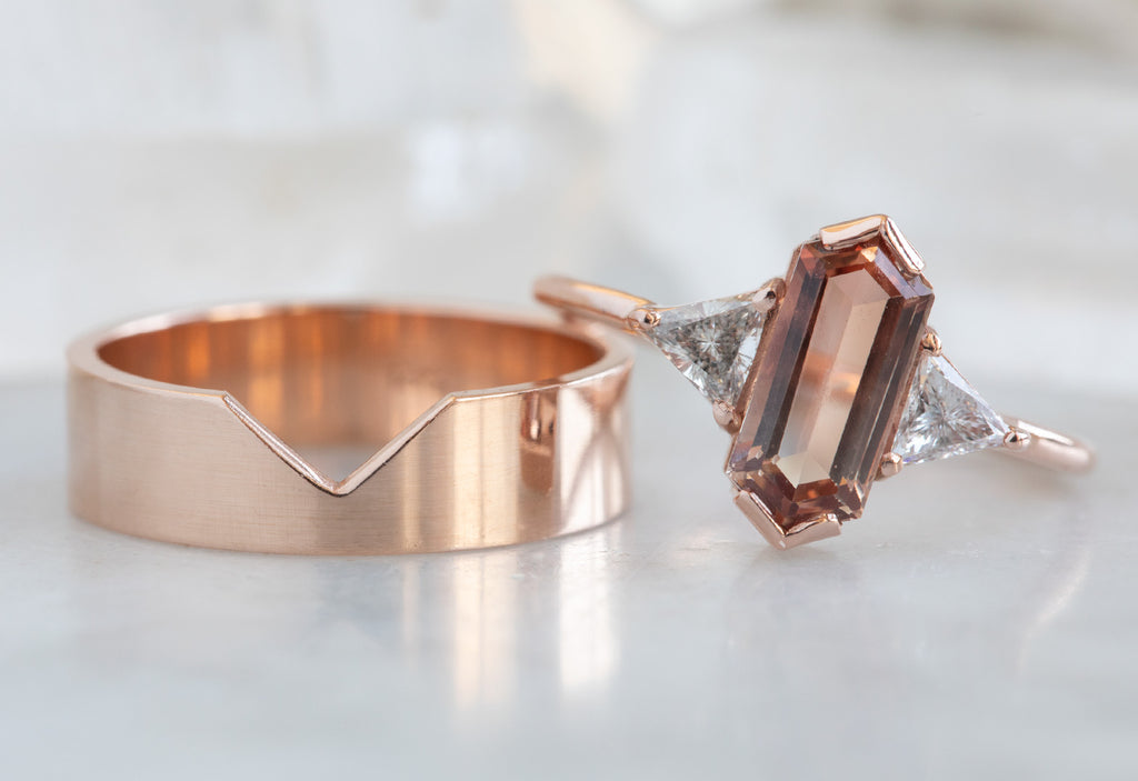 Three Stone Geometric Sunstone + Diamond Engagement Ring