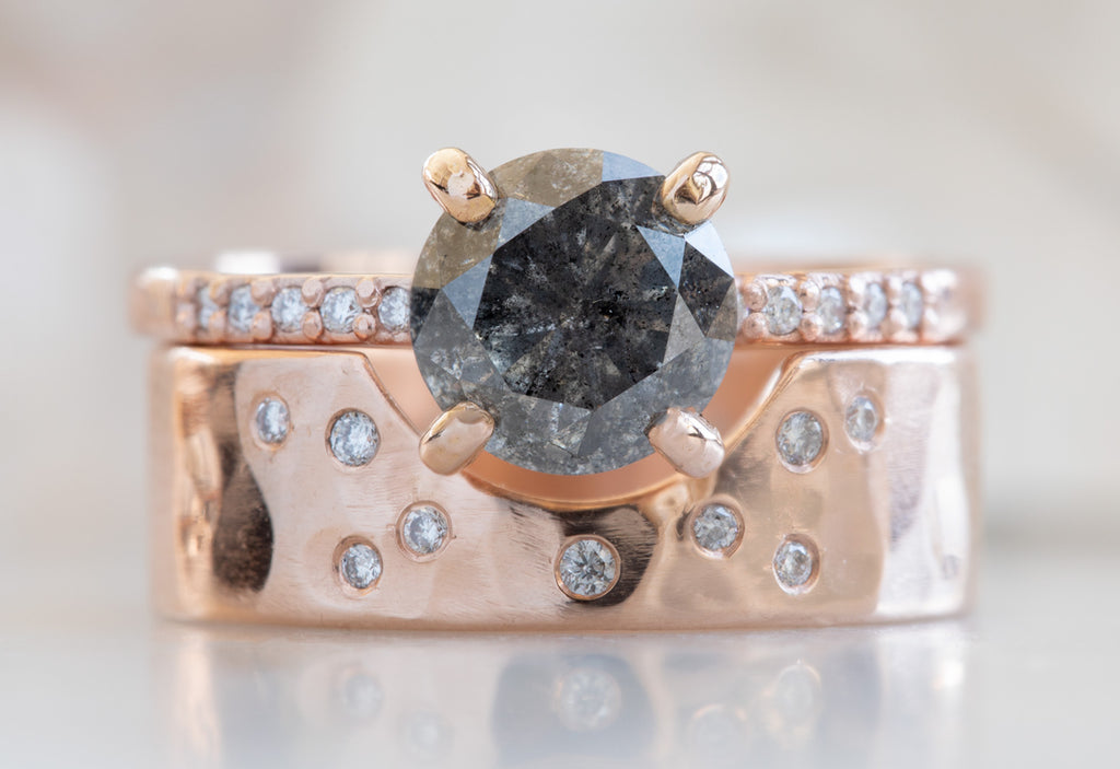 Round Cut Black Diamond Engagement Ring with Pavé Band