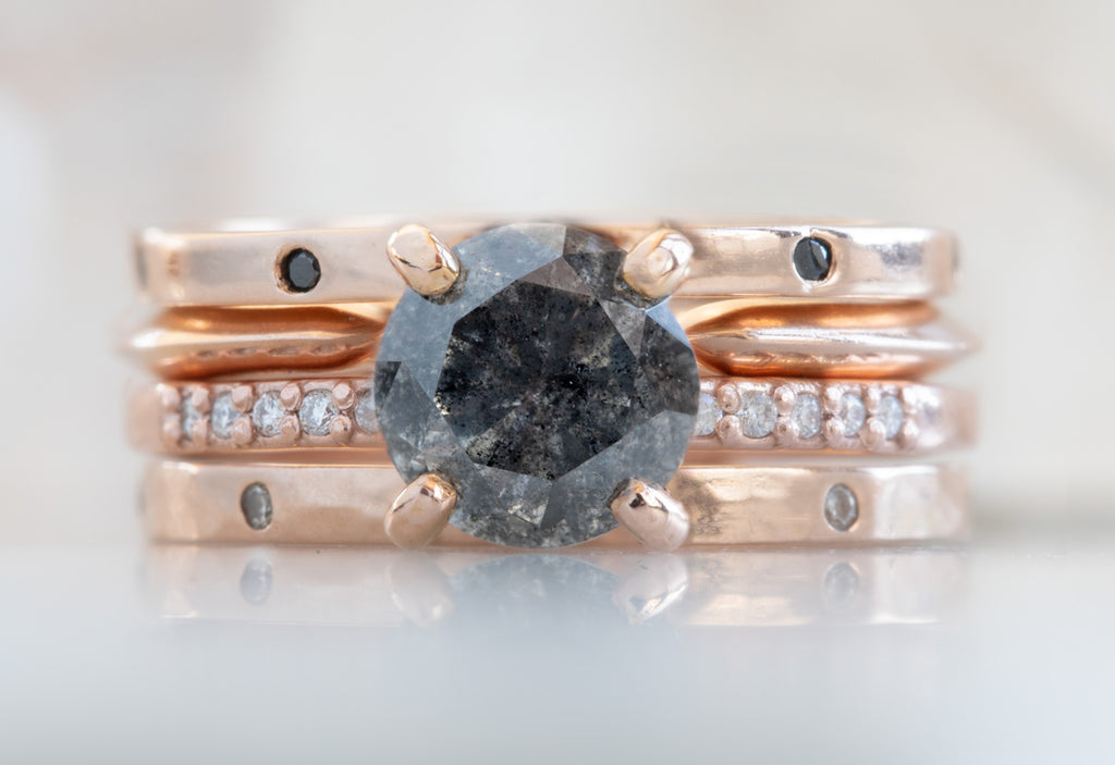 Round Cut Black Diamond Engagement Ring with Pavé Band
