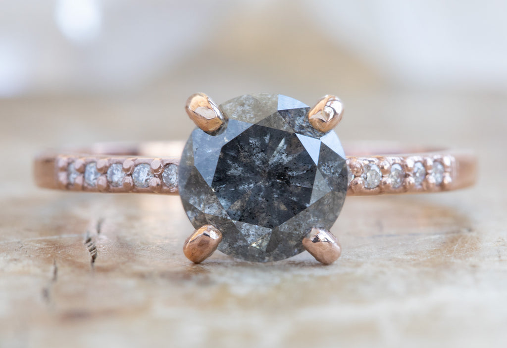 Round Cut Black Diamond Engagement Ring with Pavé Band