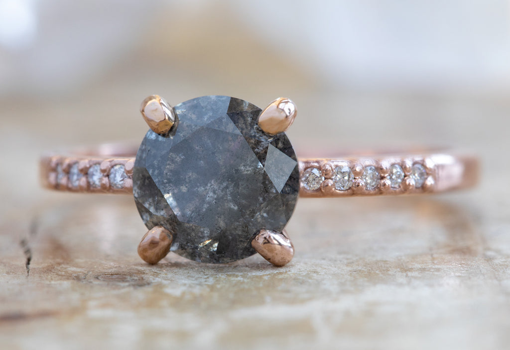 Round Cut Black Diamond Engagement Ring with Pavé Band