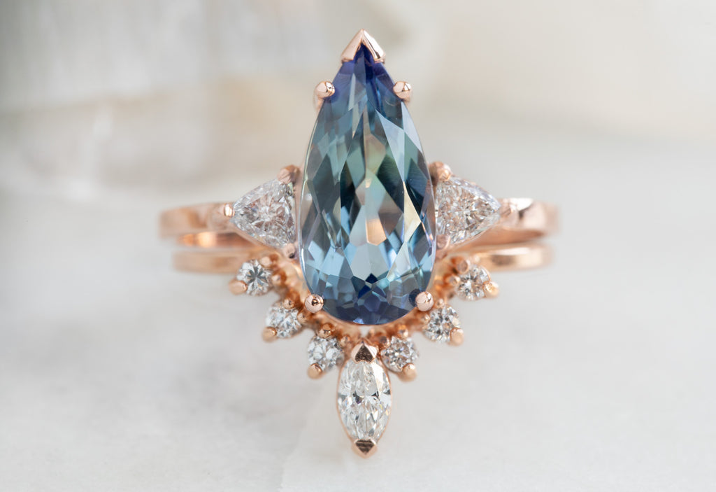 Three Stone Tanzanite + Diamond Engagement Ring