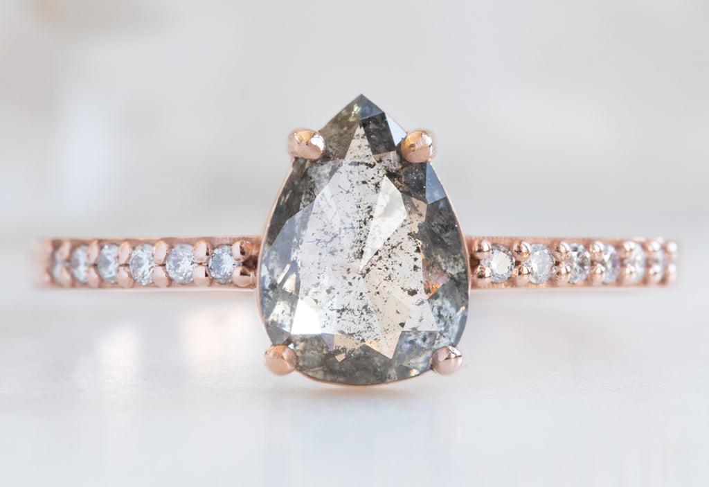Rose Cut Salt + Pepper Diamond Engagement Ring with Pavé Band