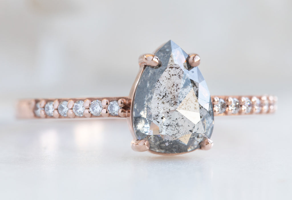 Rose Cut Salt + Pepper Diamond Engagement Ring with Pavé Band