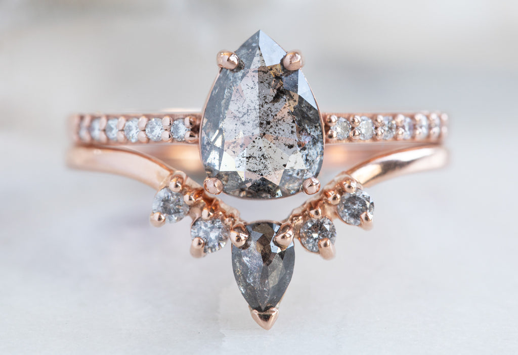 Rose Cut Salt + Pepper Diamond Engagement Ring with Pavé Band
