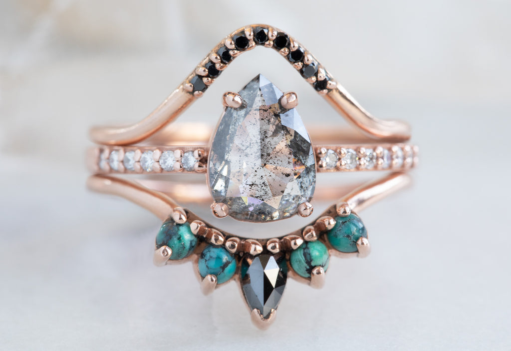 Rose Cut Salt + Pepper Diamond Engagement Ring with Pavé Band