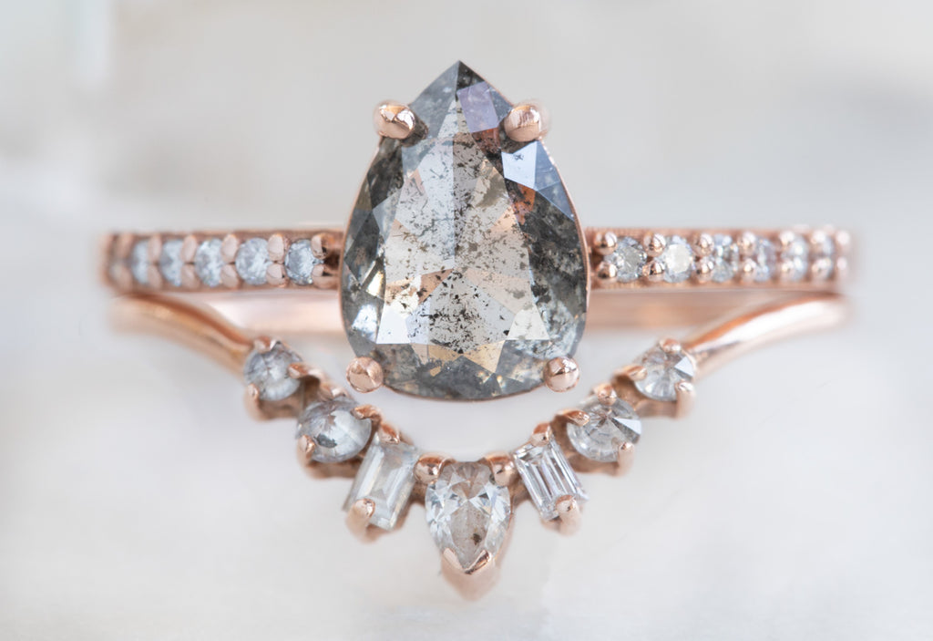 Rose Cut Salt + Pepper Diamond Engagement Ring with Pavé Band