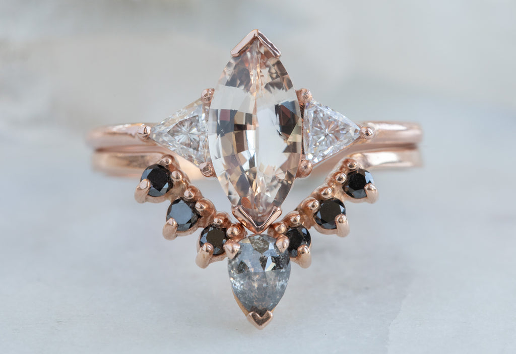 Three Stone Peach Sapphire + Diamond Engagement Ring