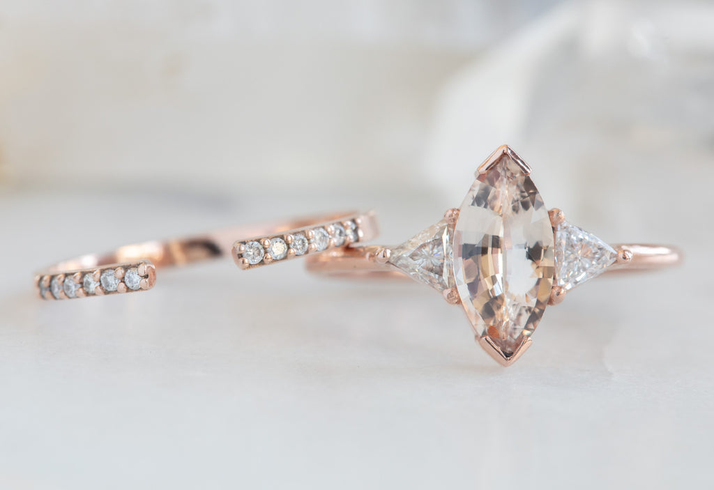 Three Stone Peach Sapphire + Diamond Engagement Ring