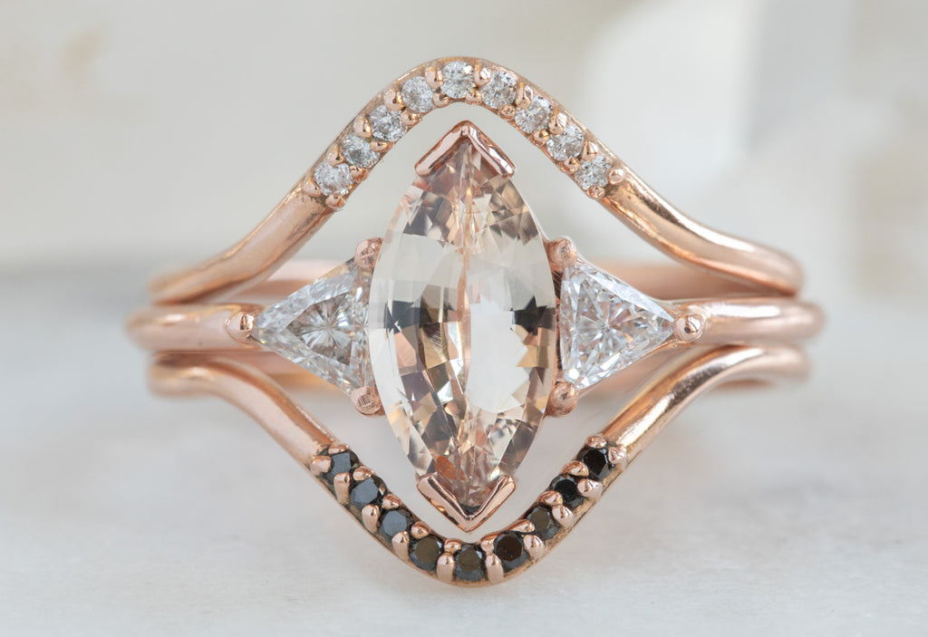 Three Stone Peach Sapphire + Diamond Engagement Ring