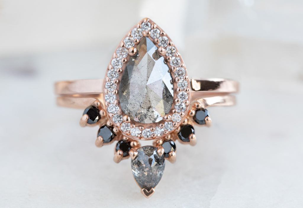 Rose Cut Salt + Pepper Diamond Engagement Ring with Halo