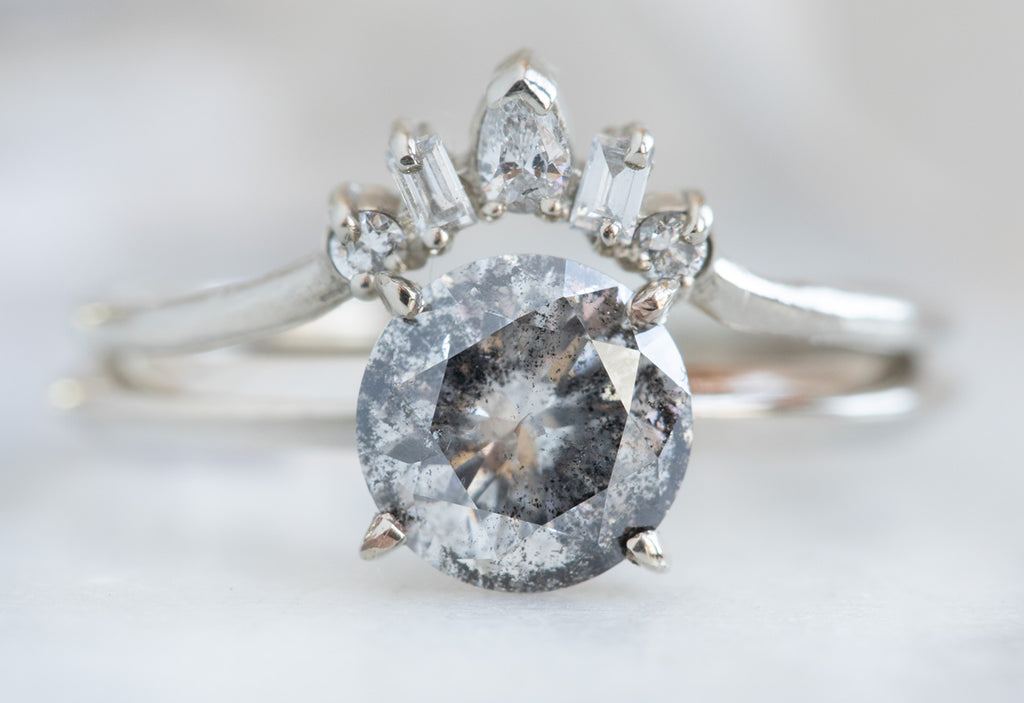 Round Cut Salt + Pepper Diamond Engagement Ring with Knife Edge Band