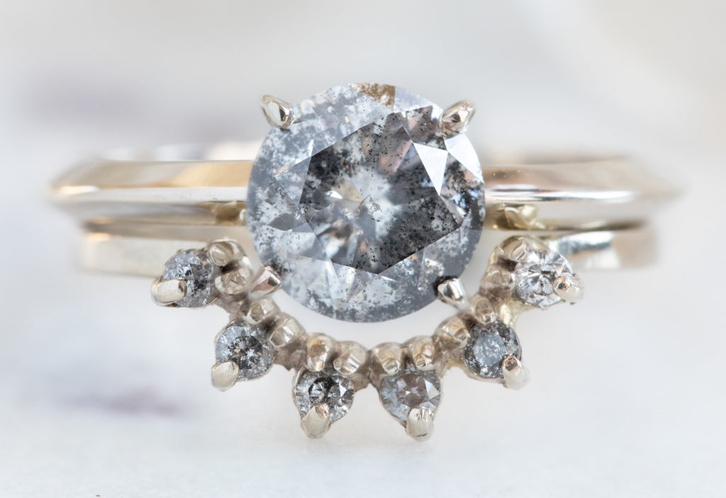 Round Cut Salt + Pepper Diamond Engagement Ring with Knife Edge Band