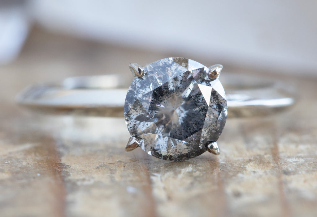 Round Cut Salt + Pepper Diamond Engagement Ring with Knife Edge Band