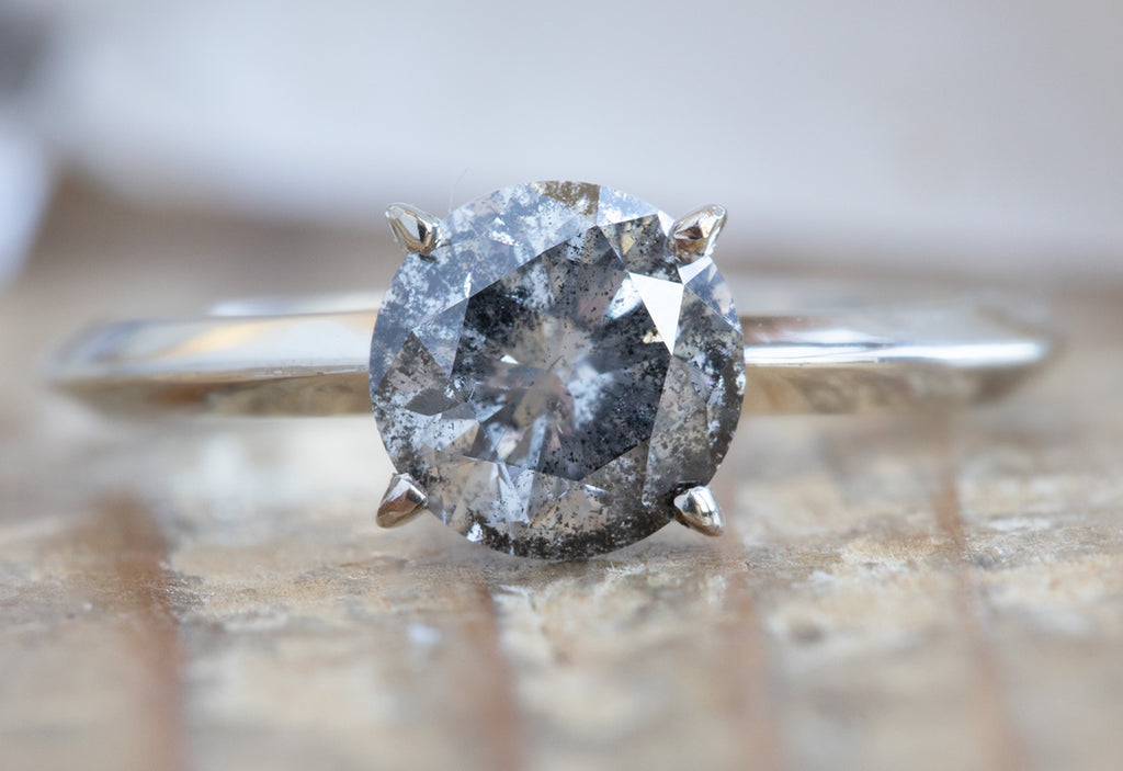 Round Cut Salt + Pepper Diamond Engagement Ring with Knife Edge Band