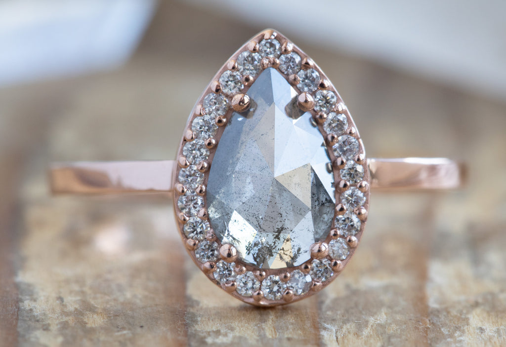 Rose Cut Salt + Pepper Diamond Engagement Ring with Halo