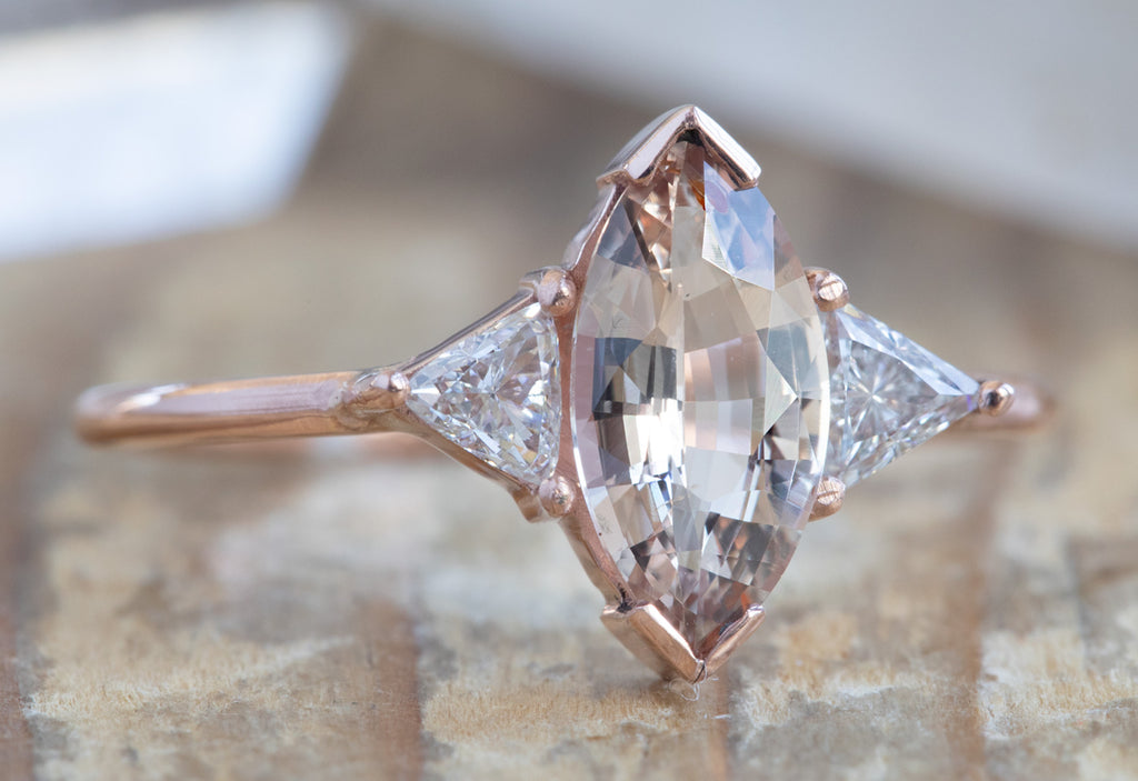 Three Stone Peach Sapphire + Diamond Engagement Ring
