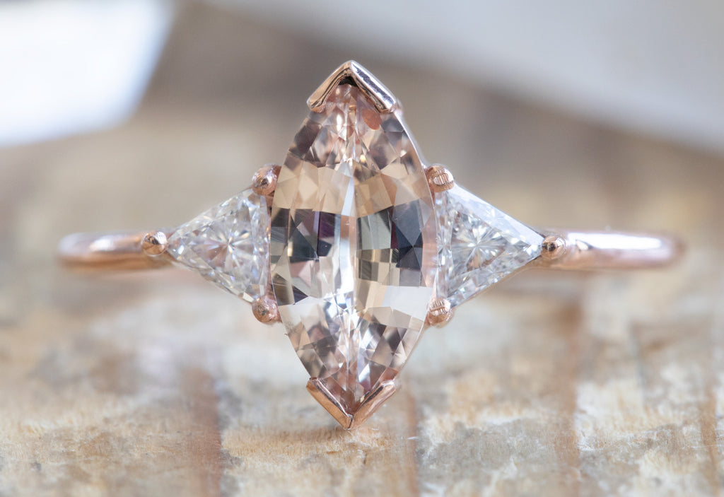 Three Stone Peach Sapphire + Diamond Engagement Ring