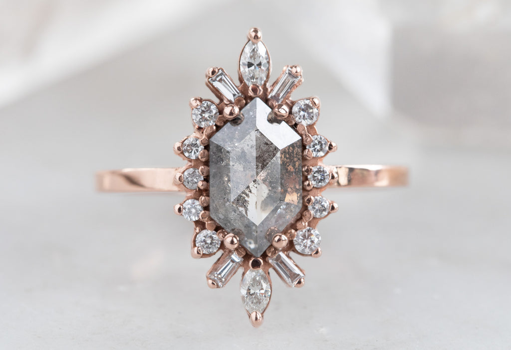Hexagon Cut Salt + Pepper Diamond Engagement Ring with Marquise Halo
