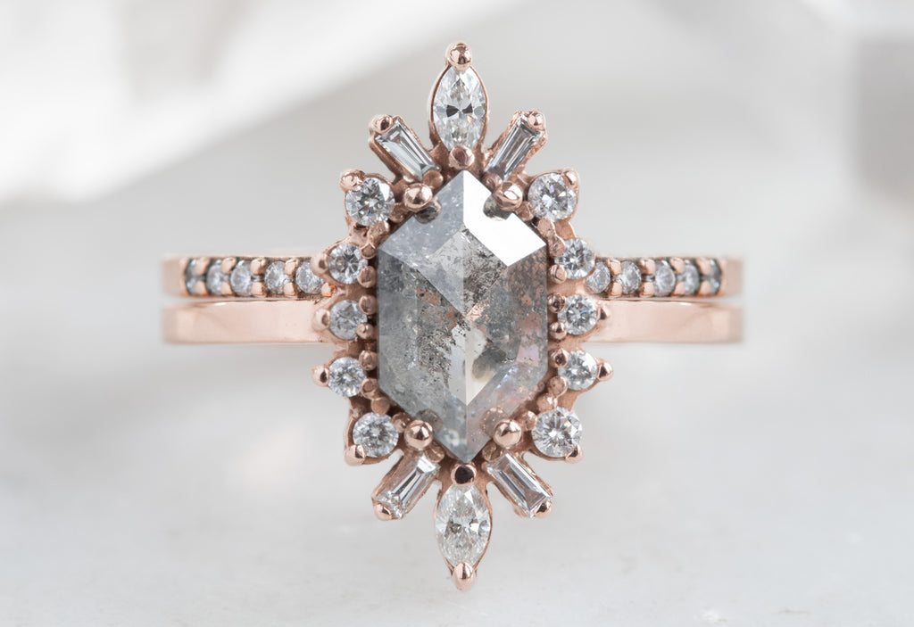 Hexagon Cut Salt + Pepper Diamond Engagement Ring with Marquise Halo