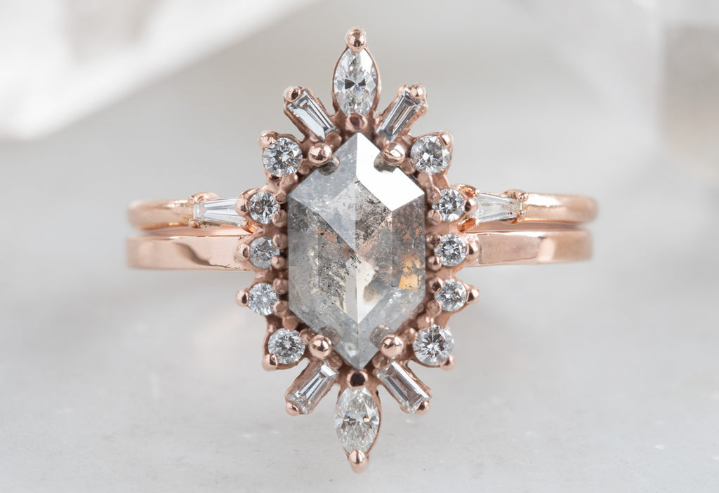 Hexagon Cut Salt + Pepper Diamond Engagement Ring with Marquise Halo