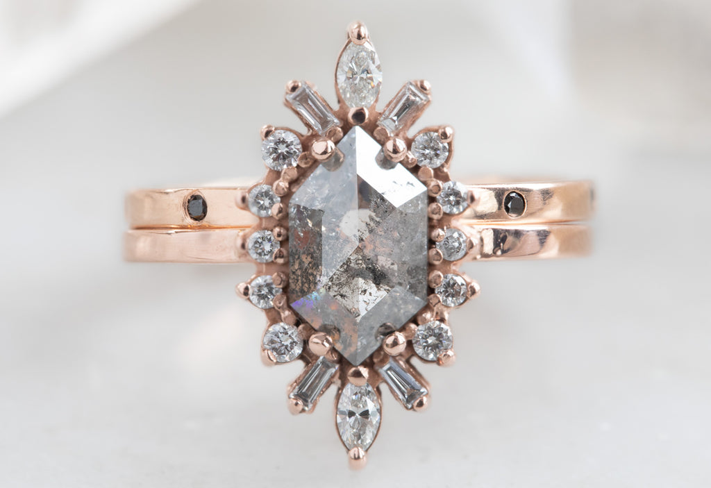 Hexagon Cut Salt + Pepper Diamond Engagement Ring with Marquise Halo