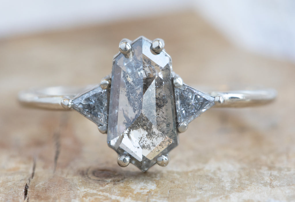 Three Stone Salt + Pepper Hexagon Diamond Engagement Ring