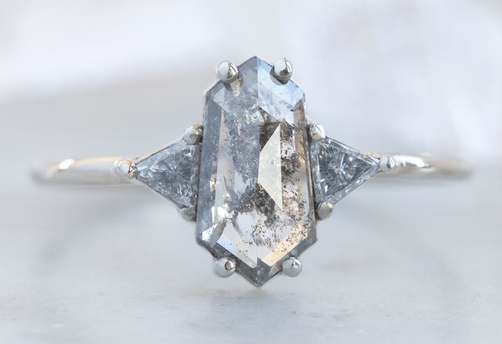 Three Stone Salt + Pepper Hexagon Diamond Engagement Ring