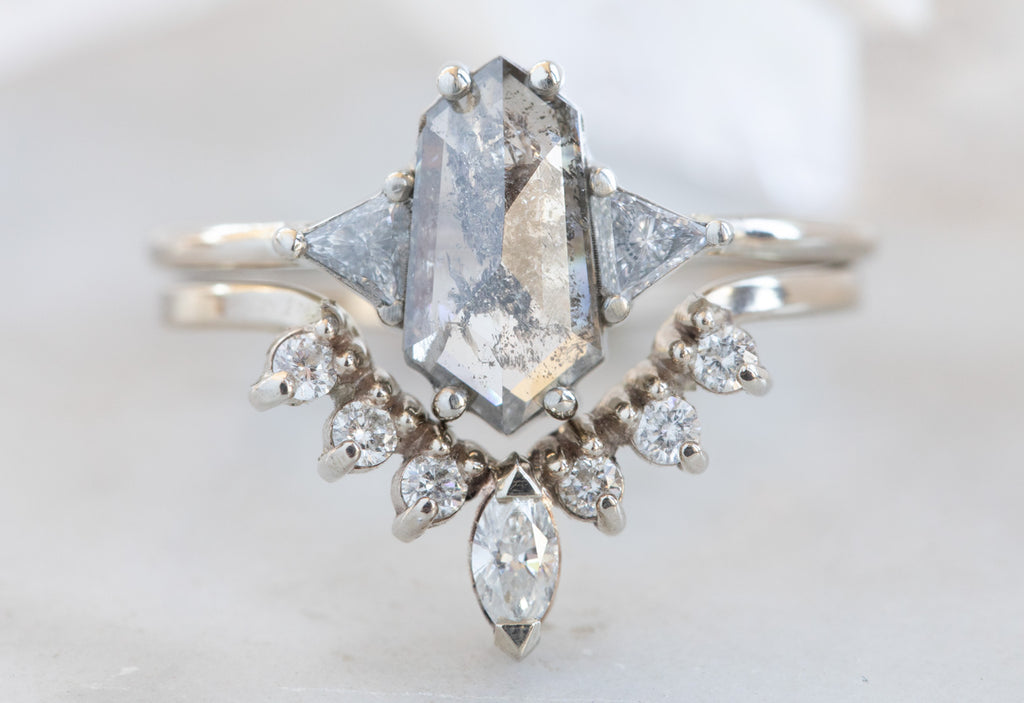 Three Stone Salt + Pepper Hexagon Diamond Engagement Ring