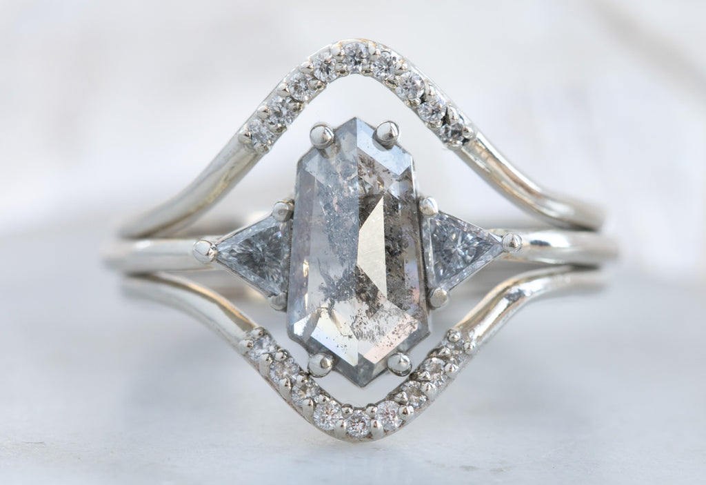 Three Stone Salt + Pepper Hexagon Diamond Engagement Ring