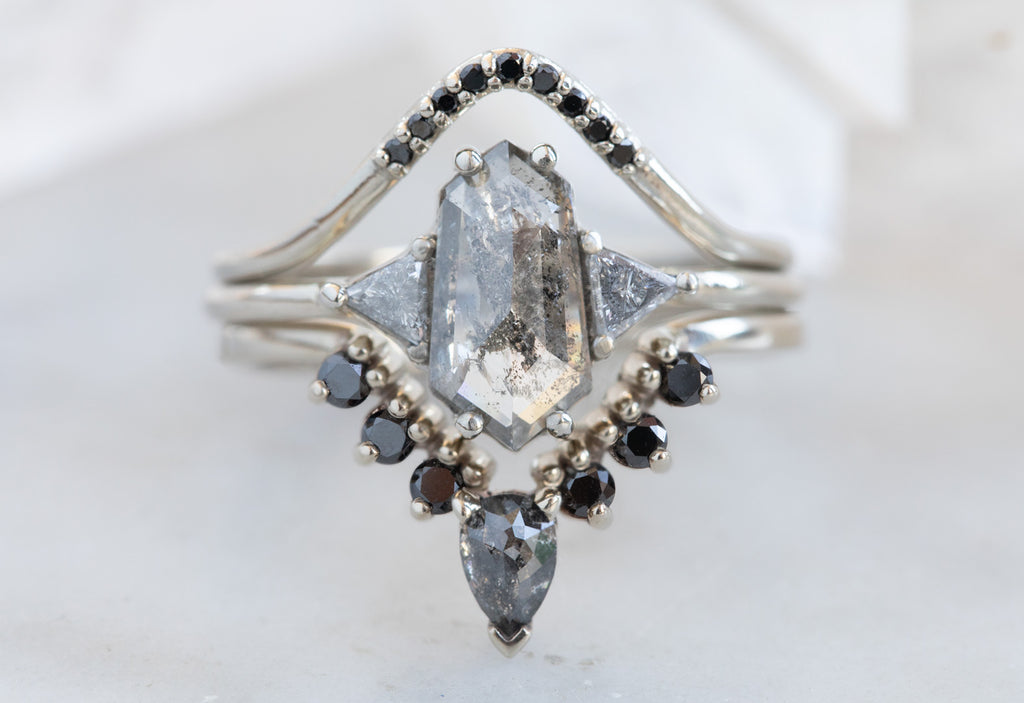 Three Stone Salt + Pepper Hexagon Diamond Engagement Ring