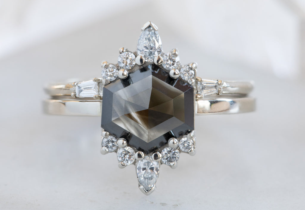 Hexagon-Cut Opalescent Black Diamond Engagement Ring with White Sunbursts