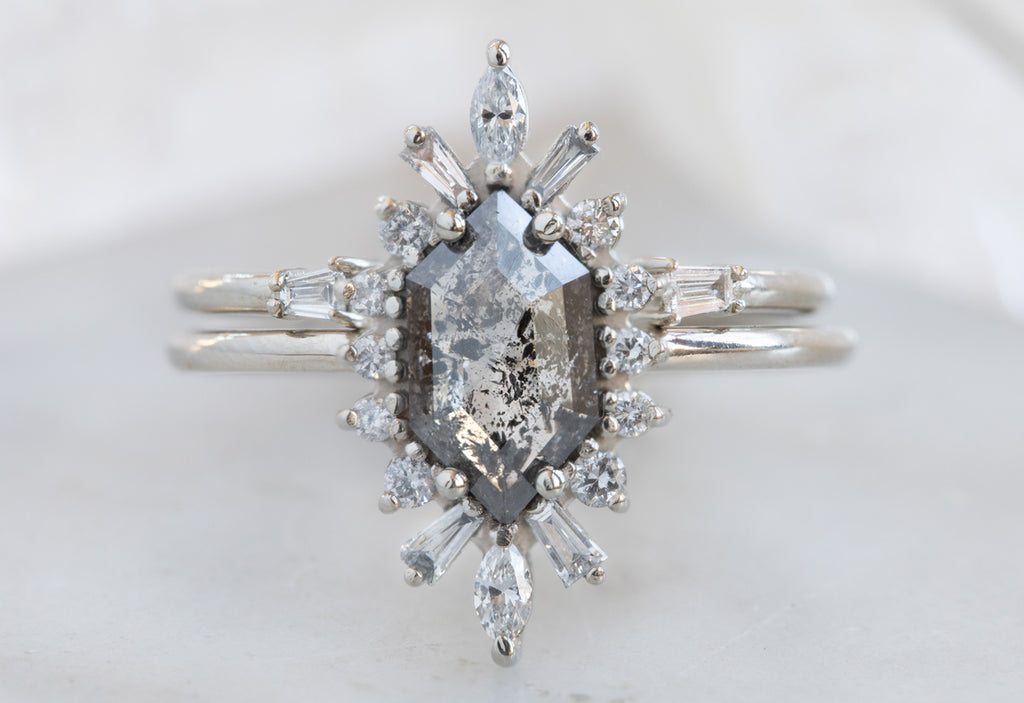 Hexagon Cut Salt + Pepper Diamond Engagement Ring with Vintage Halo