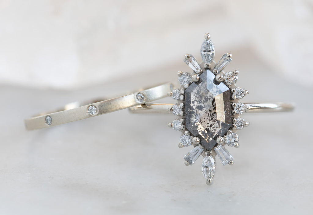 Hexagon Cut Salt + Pepper Diamond Engagement Ring with Vintage Halo